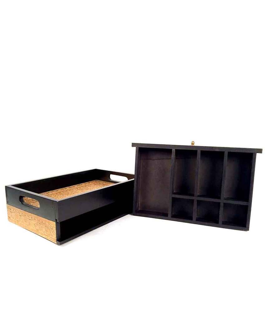 Functional Wooden and Brass Polished Tray with Drawer Storage | 14 x 4 x 10 inches