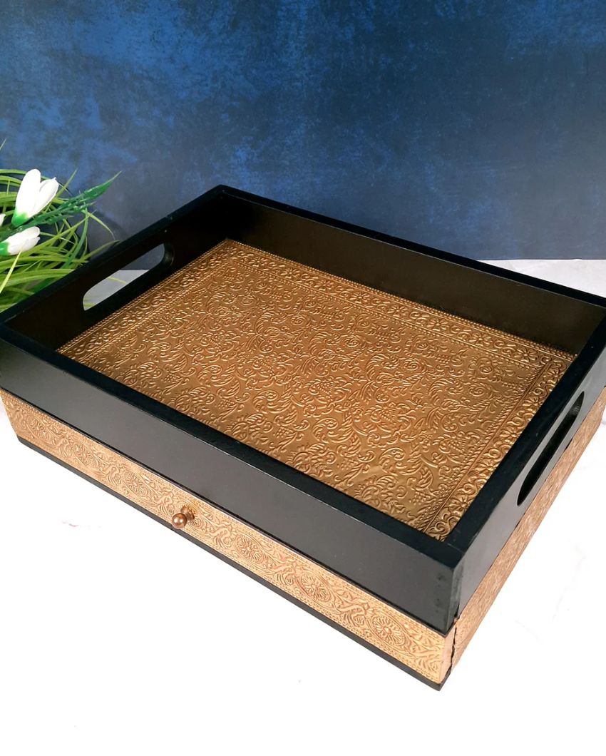 Functional Wooden and Brass Polished Tray with Drawer Storage | 14 x 4 x 10 inches