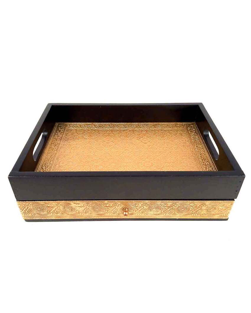 Functional Wooden and Brass Polished Tray with Drawer Storage | 14 x 4 x 10 inches