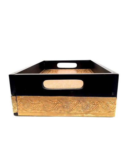 Functional Wooden and Brass Polished Tray with Drawer Storage | 14 x 4 x 10 inches