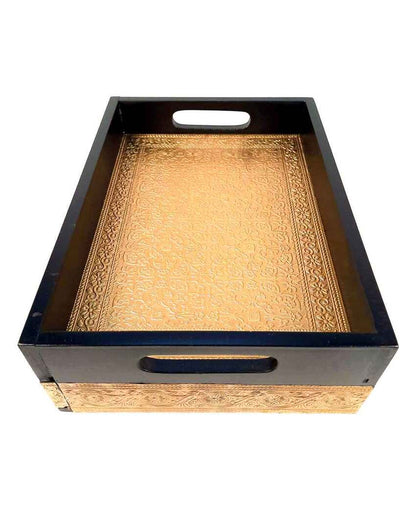 Functional Wooden and Brass Polished Tray with Drawer Storage | 14 x 4 x 10 inches