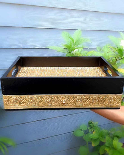 Functional Wooden and Brass Polished Tray with Drawer Storage | 14 x 4 x 10 inches