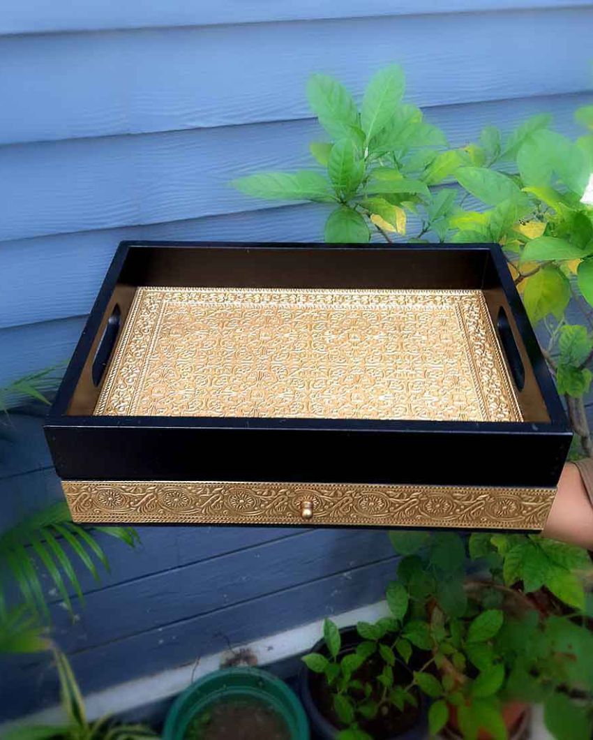 Functional Wooden and Brass Polished Tray with Drawer Storage | 14 x 4 x 10 inches