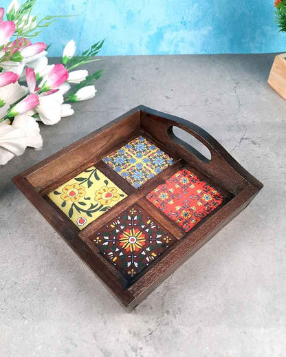 Decorative Wooden and Ceramic Polished Square Serving Tray | 9 x 2 inches