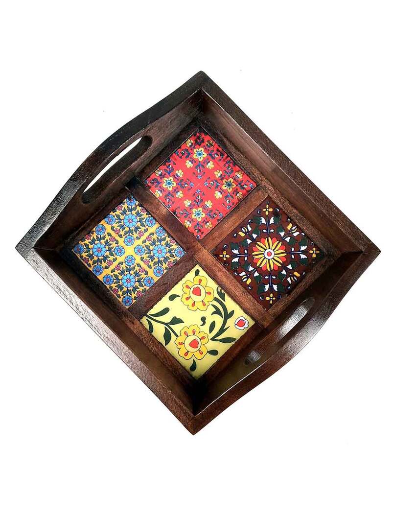 Decorative Wooden and Ceramic Polished Square Serving Tray | 9 x 2 inches