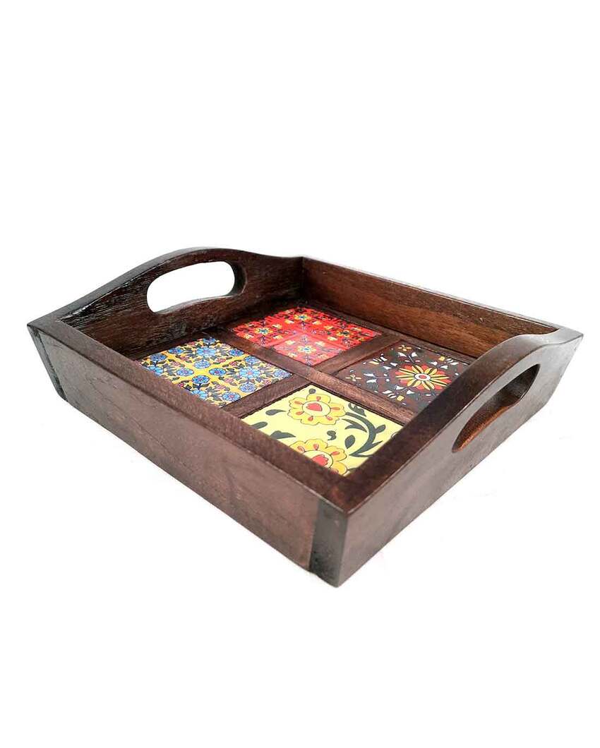 Decorative Wooden and Ceramic Polished Square Serving Tray | 9 x 2 inches