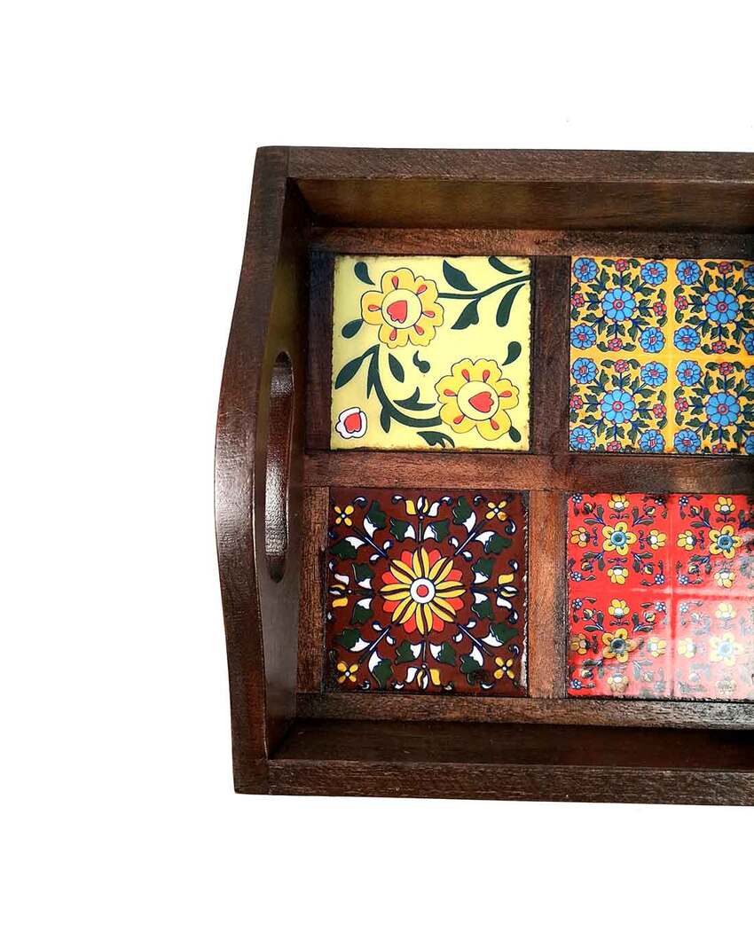 Decorative Wooden and Ceramic Polished Square Serving Tray | 9 x 2 inches