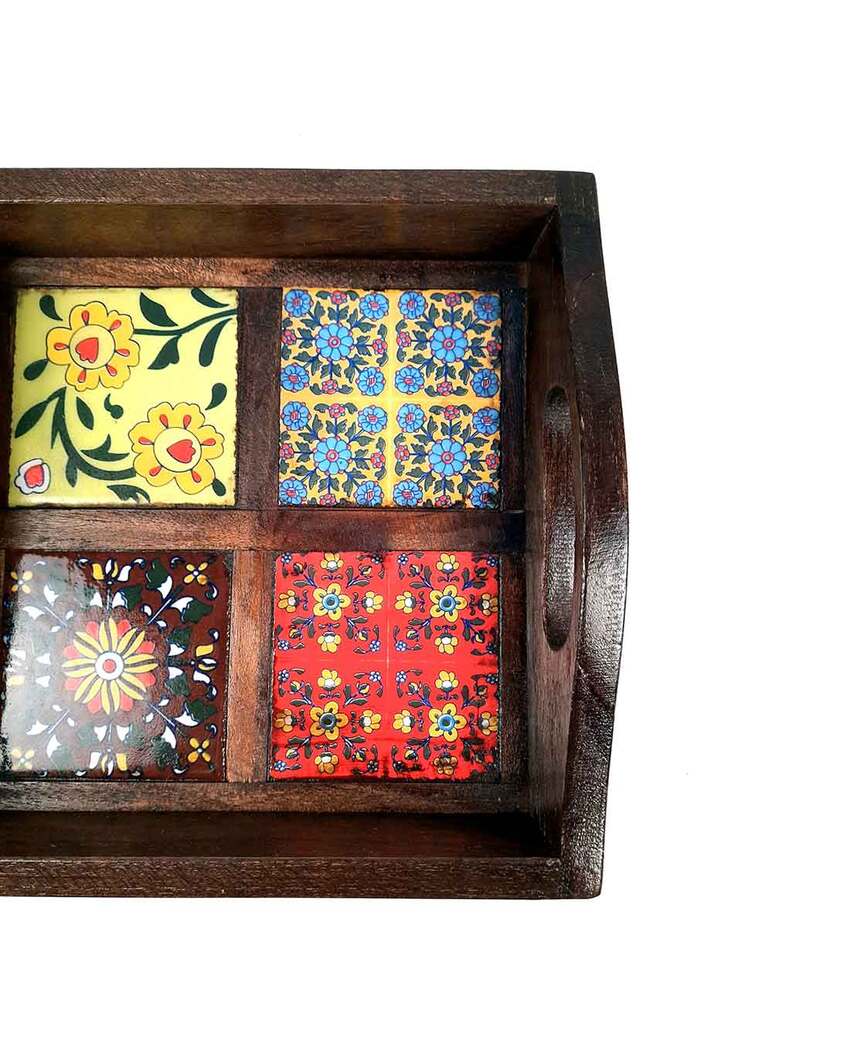 Decorative Wooden and Ceramic Polished Square Serving Tray | 9 x 2 inches