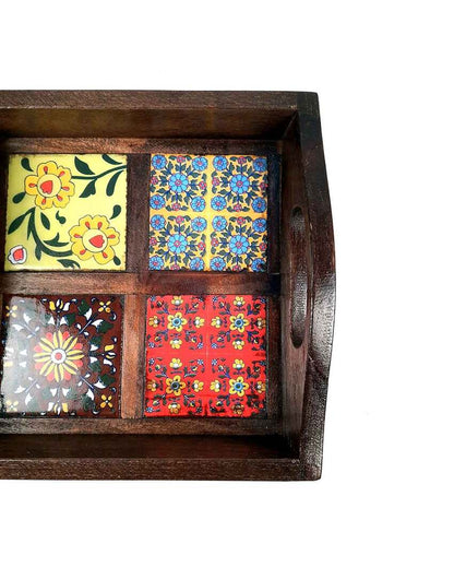 Decorative Wooden and Ceramic Polished Square Serving Tray | 9 x 2 inches