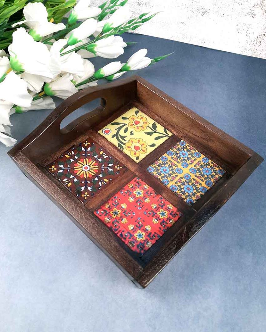 Decorative Wooden and Ceramic Polished Square Serving Tray | 9 x 2 inches