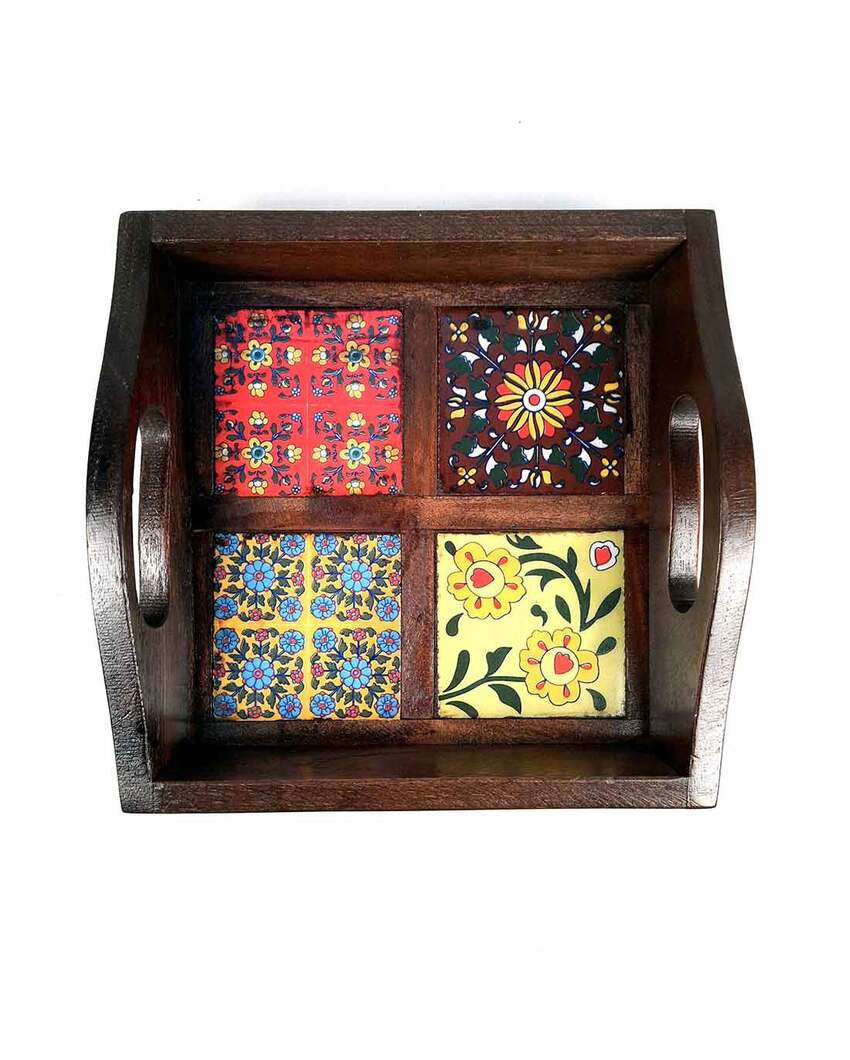 Decorative Wooden and Ceramic Polished Square Serving Tray | 9 x 2 inches