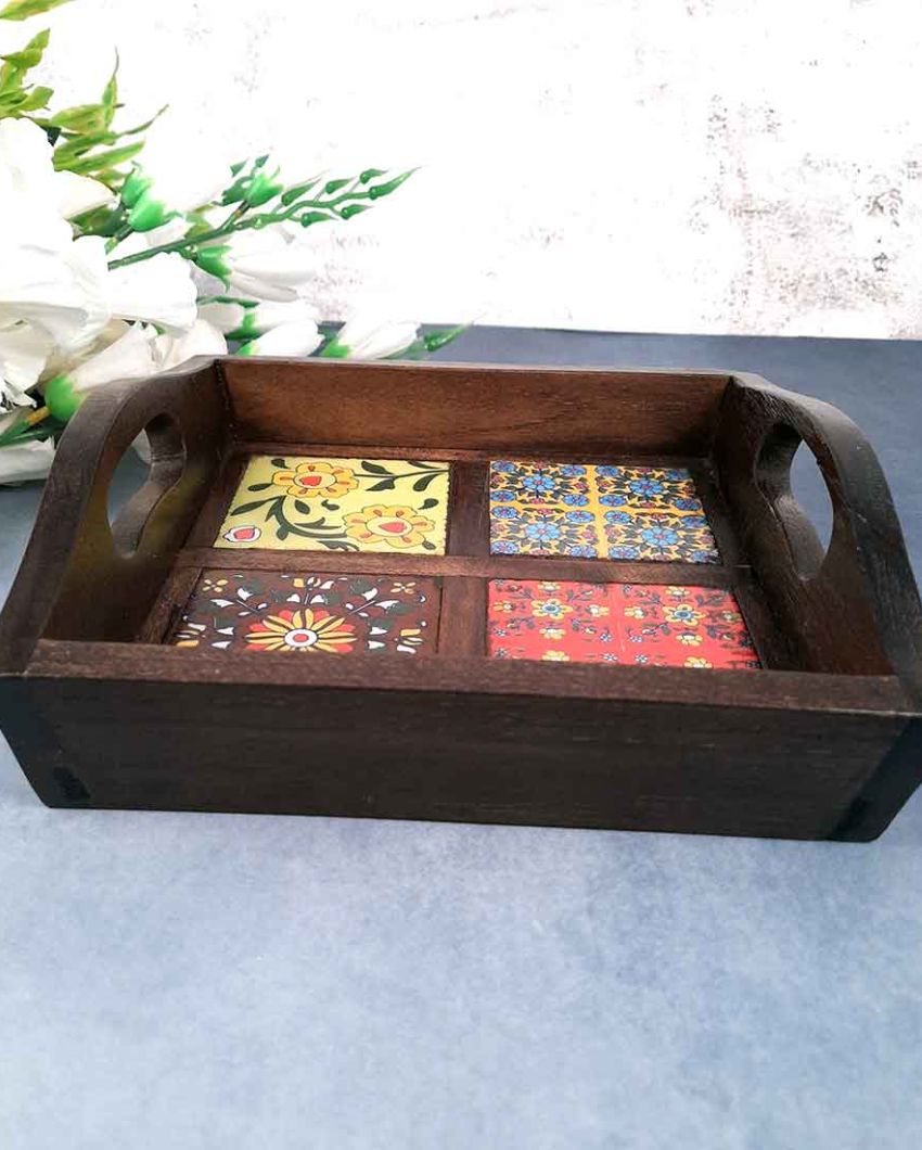 Decorative Wooden and Ceramic Polished Square Serving Tray | 9 x 2 inches