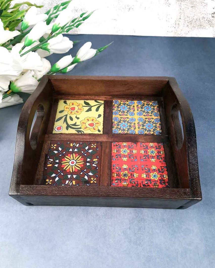 Decorative Wooden and Ceramic Polished Square Serving Tray | 9 x 2 inches