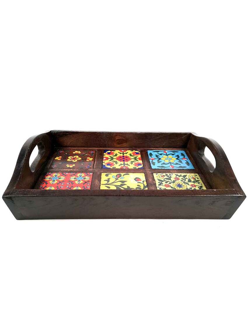 Modern Wooden and Ceramic Polished Square Serving Tray | 12 x 2 inches