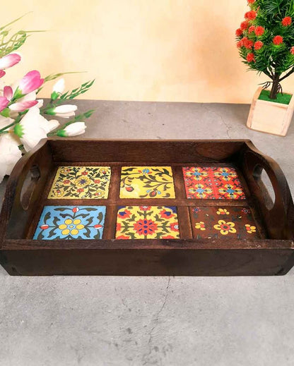 Modern Wooden and Ceramic Polished Square Serving Tray | 12 x 2 inches