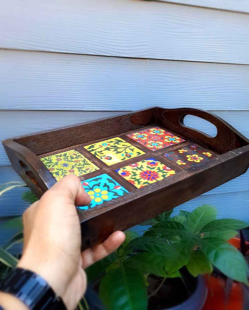 Modern Wooden and Ceramic Polished Square Serving Tray | 12 x 2 inches