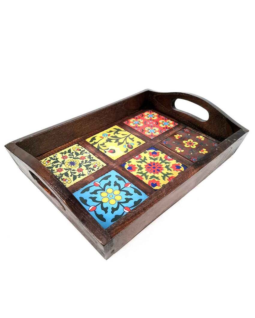 Modern Wooden and Ceramic Polished Square Serving Tray | 12 x 2 inches