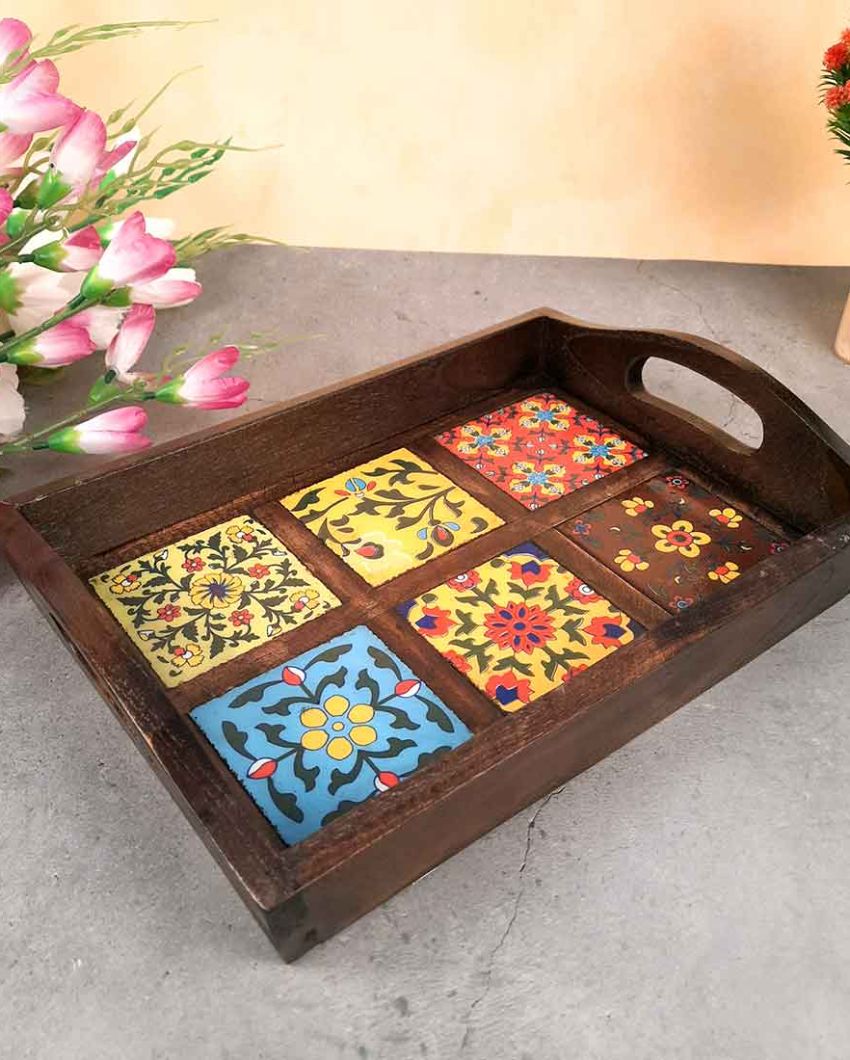 Modern Wooden and Ceramic Polished Square Serving Tray | 12 x 2 inches