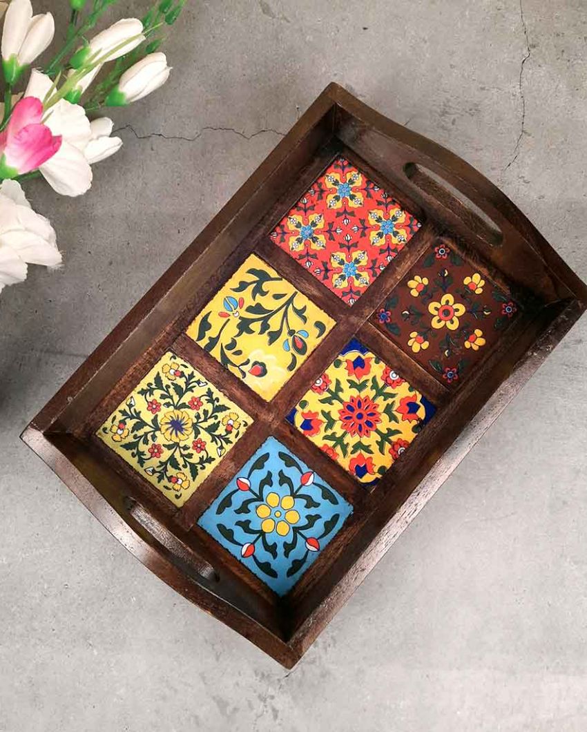 Modern Wooden and Ceramic Polished Square Serving Tray | 12 x 2 inches