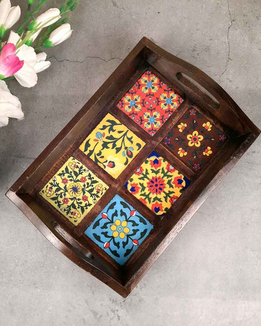 Modern Wooden and Ceramic Polished Square Serving Tray | 12 x 2 inches