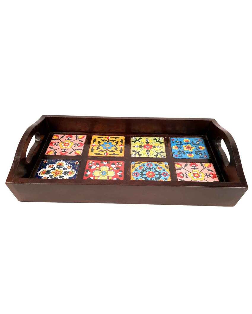 Sleek Wooden and Ceramic Polished Rectangle Serving Tray | 15 x 3 x 8 inches