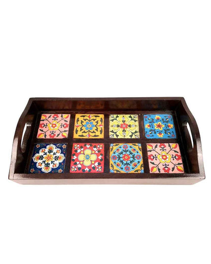 Sleek Wooden and Ceramic Polished Rectangle Serving Tray | 15 x 3 x 8 inches