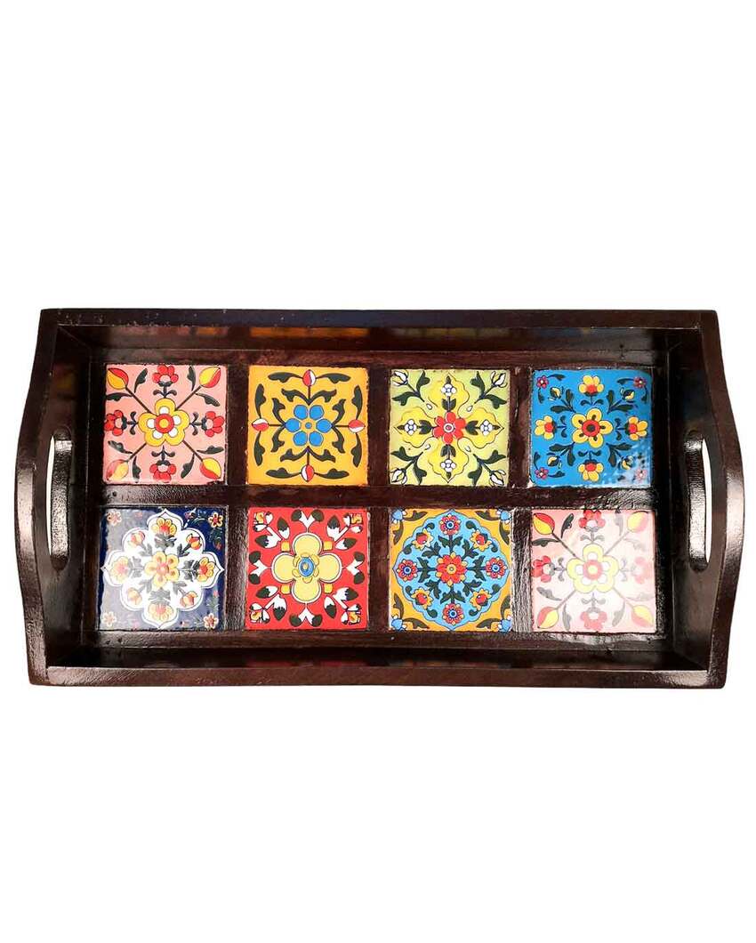 Sleek Wooden and Ceramic Polished Rectangle Serving Tray | 15 x 3 x 8 inches