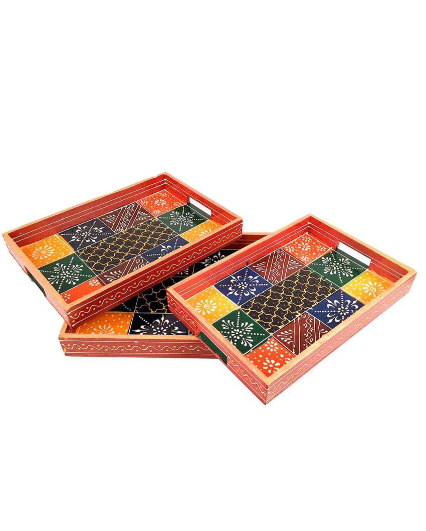 Elegant Wooden Polished Square Serving Trays for Tea Coffee and Snacks | Set of 2