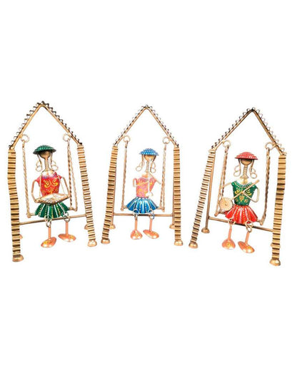 Unique Iron Polished Jhula Musician Showpiece | Set of 3 | 7 x 5 x 9 inches