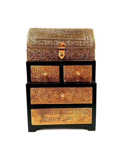 Classic Wood Polished Vintage Jewelry Box Brass Wooden Chest with Five Drawers | 9 x 7 x 13 inches