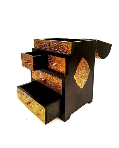 Classic Wood Polished Vintage Jewelry Box Brass Wooden Chest with Five Drawers | 9 x 7 x 13 inches