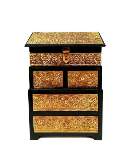 Elegant Wood Polished Vintage Jewelry Box Brass Wooden Chest with Five Drawers | 9 x 7 x 13 inches