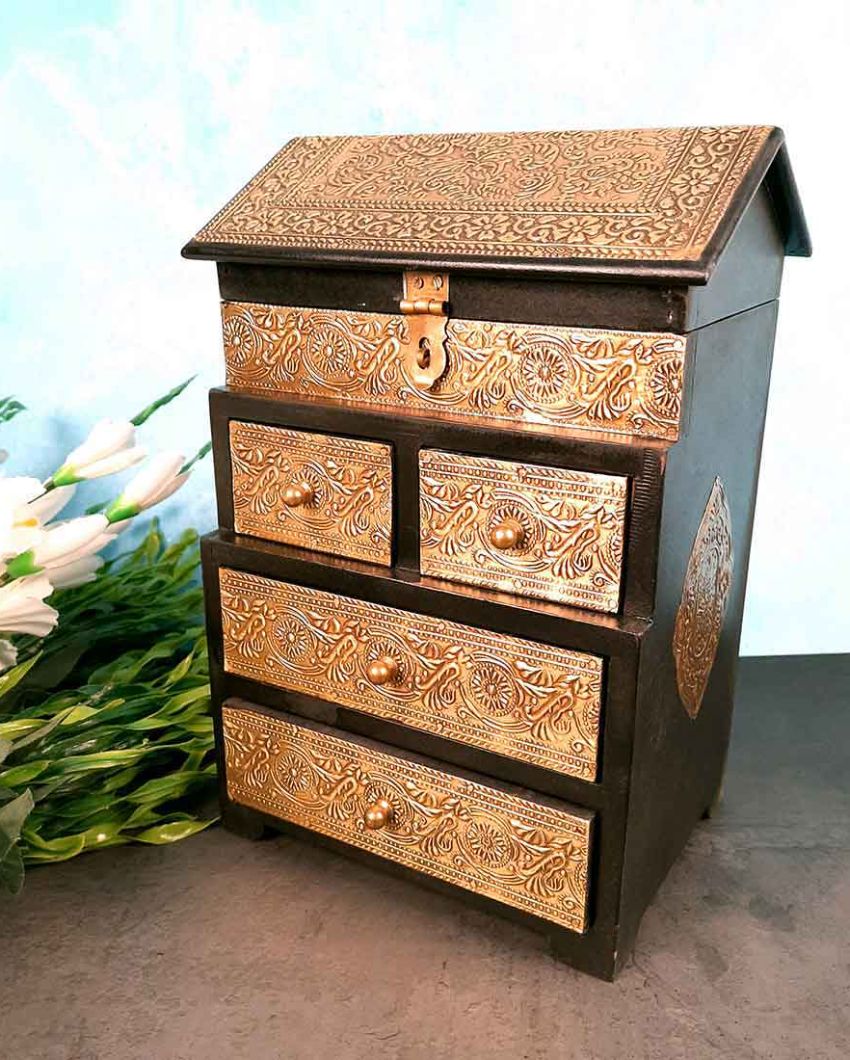 Elegant Wood Polished Vintage Jewelry Box Brass Wooden Chest with Five Drawers | 9 x 7 x 13 inches