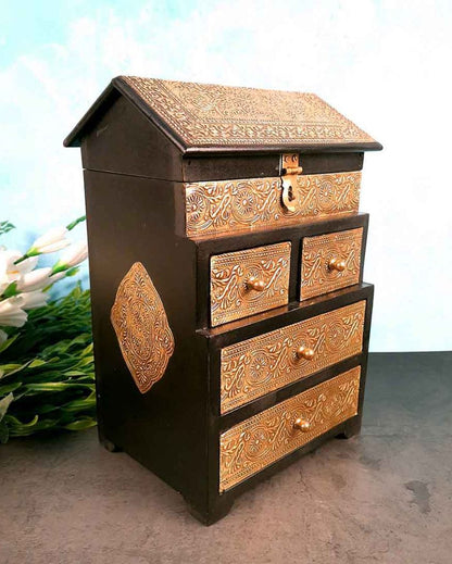 Elegant Wood Polished Vintage Jewelry Box Brass Wooden Chest with Five Drawers | 9 x 7 x 13 inches