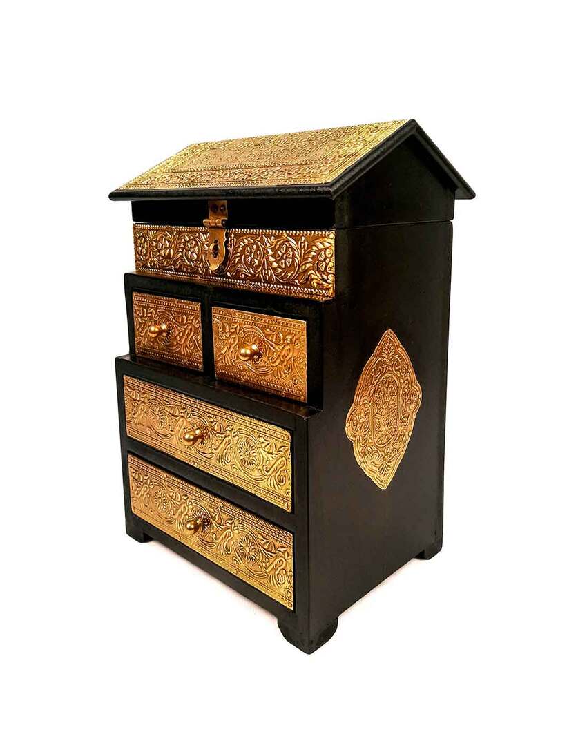 Elegant Wood Polished Vintage Jewelry Box Brass Wooden Chest with Five Drawers | 9 x 7 x 13 inches