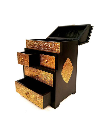 Elegant Wood Polished Vintage Jewelry Box Brass Wooden Chest with Five Drawers | 9 x 7 x 13 inches