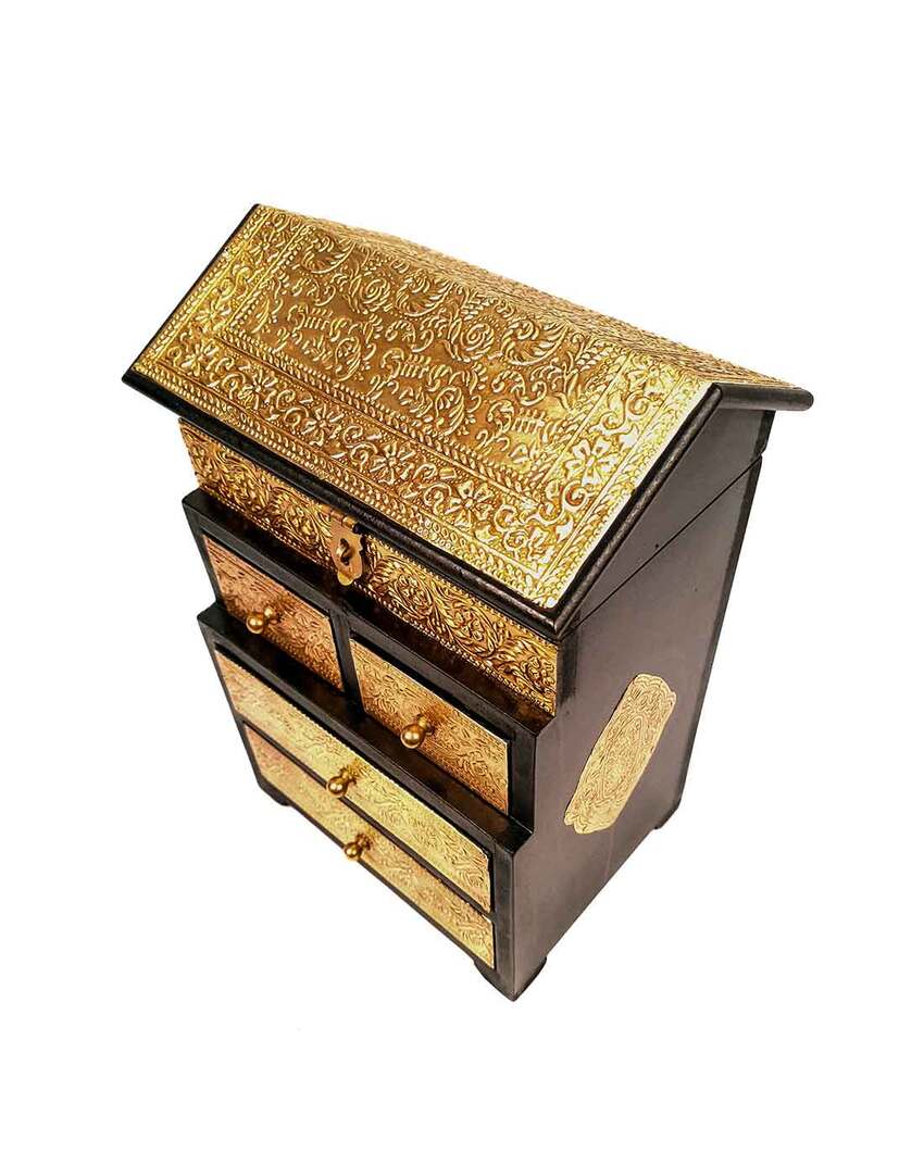 Elegant Wood Polished Vintage Jewelry Box Brass Wooden Chest with Five Drawers | 9 x 7 x 13 inches