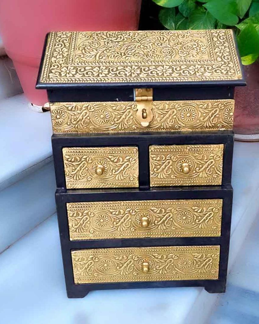 Elegant Wood Polished Vintage Jewelry Box Brass Wooden Chest with Five Drawers | 9 x 7 x 13 inches