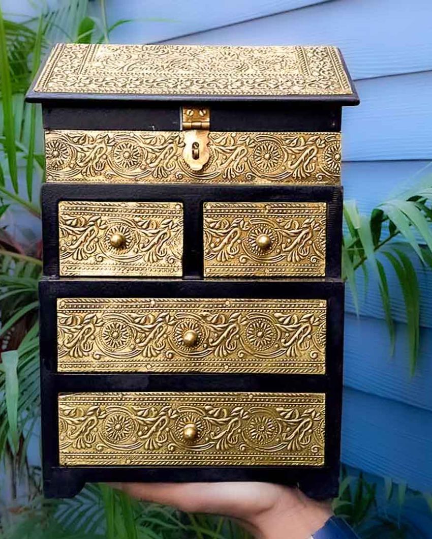 Elegant Wood Polished Vintage Jewelry Box Brass Wooden Chest with Five Drawers | 9 x 7 x 13 inches