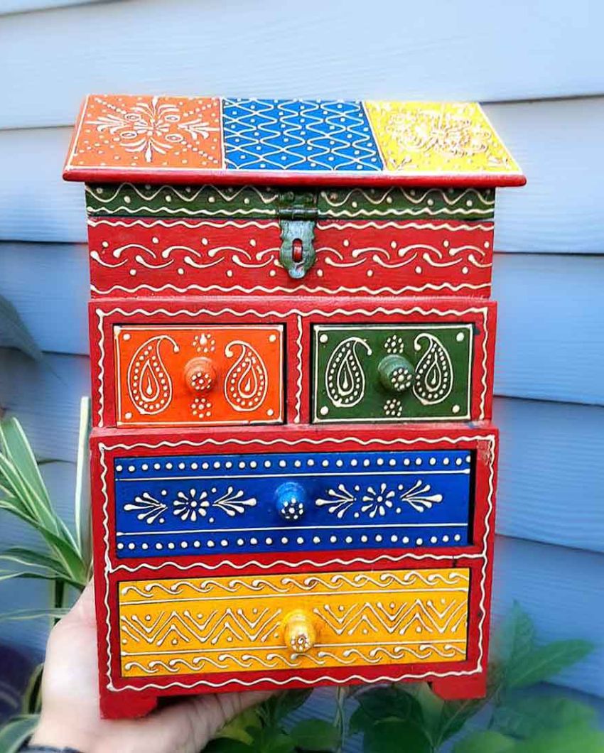 Premium Wood Polished Vintage Jewelry Box Brass Wooden Chest with Five Drawers | 9 x 7 x 13 inches