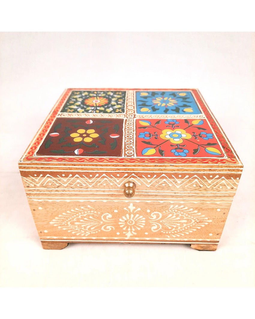 Stylish Wooden Polished Jewelry Box with Ceramic Tiles | 7 x 4 inches