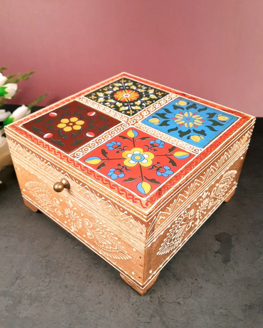 Stylish Wooden Polished Jewelry Box with Ceramic Tiles | 7 x 4 inches