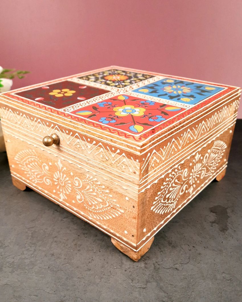 Stylish Wooden Polished Jewelry Box with Ceramic Tiles | 7 x 4 inches