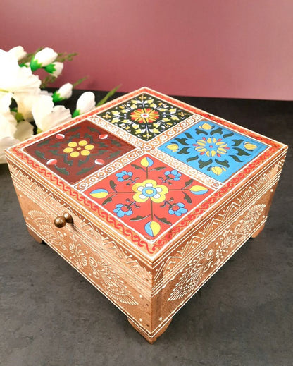 Stylish Wooden Polished Jewelry Box with Ceramic Tiles | 7 x 4 inches