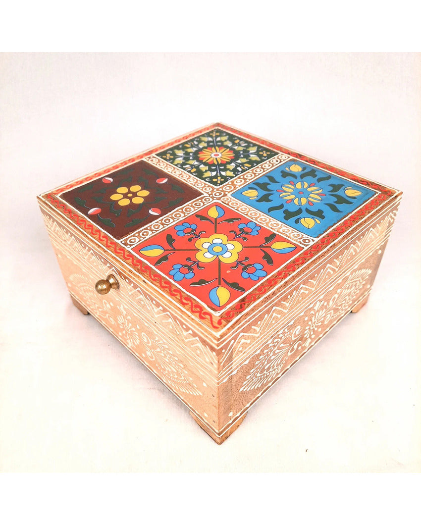 Stylish Wooden Polished Jewelry Box with Ceramic Tiles | 7 x 4 inches