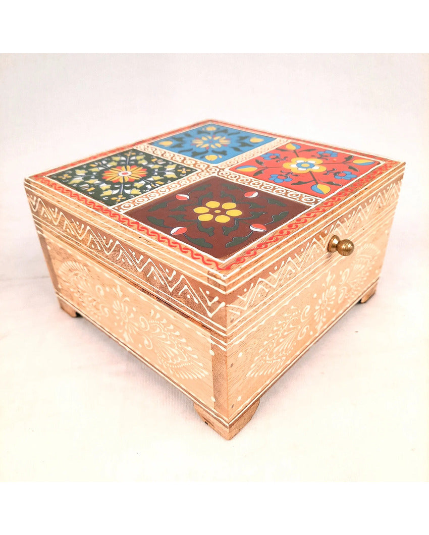 Stylish Wooden Polished Jewelry Box with Ceramic Tiles | 7 x 4 inches