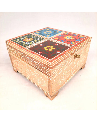 Stylish Wooden Polished Jewelry Box with Ceramic Tiles | 7 x 4 inches