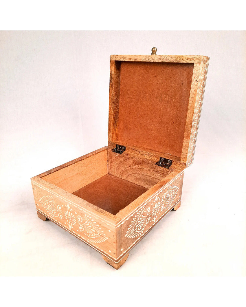 Stylish Wooden Polished Jewelry Box with Ceramic Tiles | 7 x 4 inches