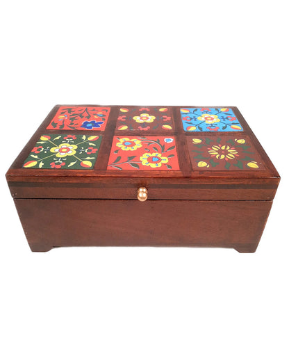 Elegant Wooden Polished Jewelry Box with Ceramic Tiles | 10 x 4 x 7 inches