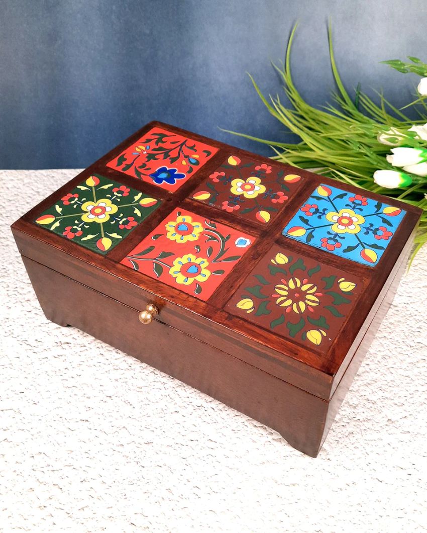 Elegant Wooden Polished Jewelry Box with Ceramic Tiles | 10 x 4 x 7 inches